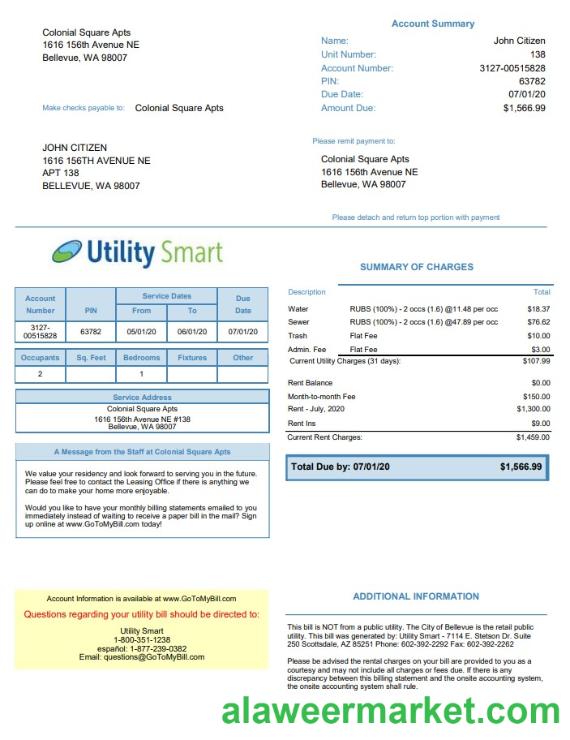 USA Arizona Utility Smart utility bill template in Word and PDF format (.doc and .pdf)